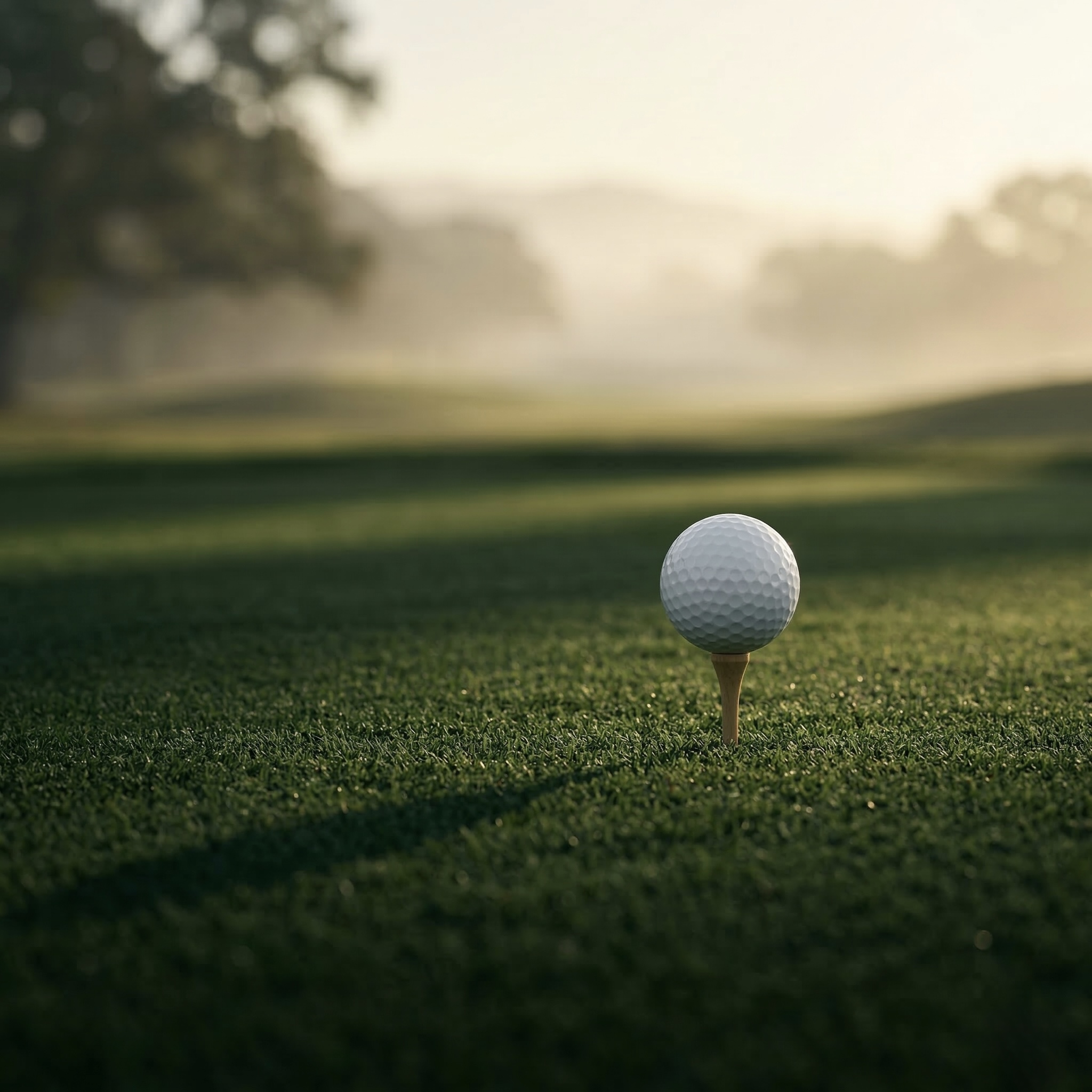 Golf ball on green course at sunrise