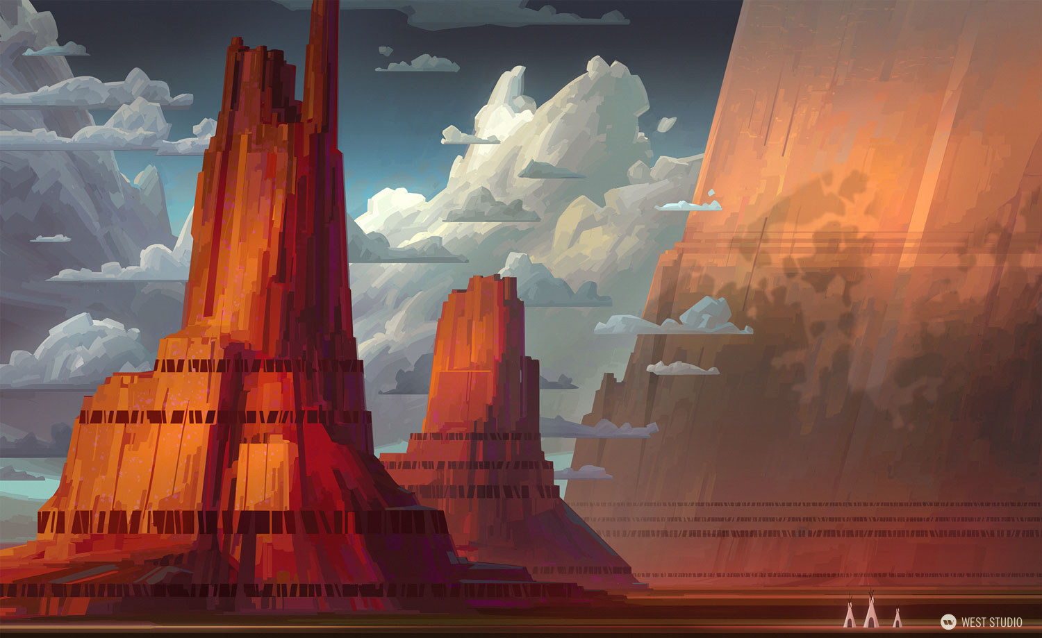 Animation, scale, stylized, epic, monument valley, rock, cliffs 
