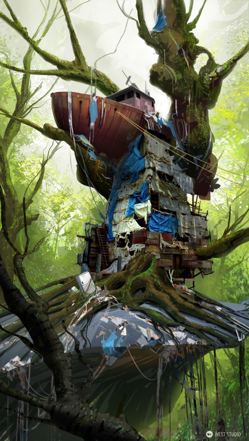 tree house, concept art, ramshackle, ship