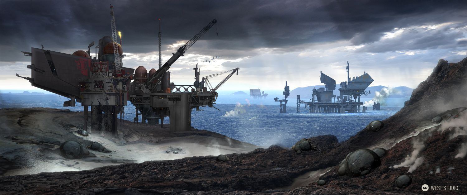 oil rig, landscape, alien, platforms 
