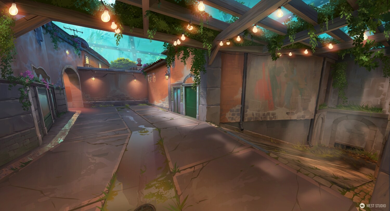 Riot Games, Riot, Valorant, Illustration, Game Development, In Game Art, West Studio, Digital Art, Map Development, Alley, Lights, Street, Pearl