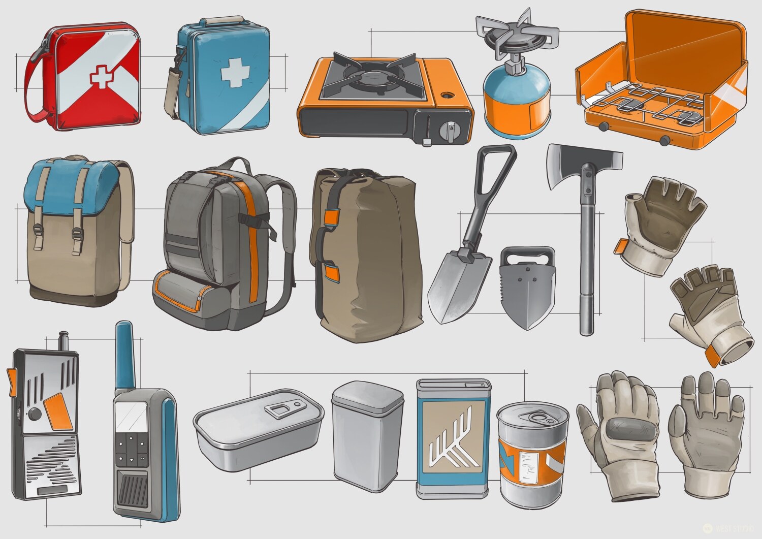 Riot Games, Riot, Valorant, Illustration, Game Development, In Game Art, West Studio, Digital Art, Map Development, Props, Shovel Design, Emergency Kit Design, Camping Equipment Design, Walkie-Talkie Design, Pearl