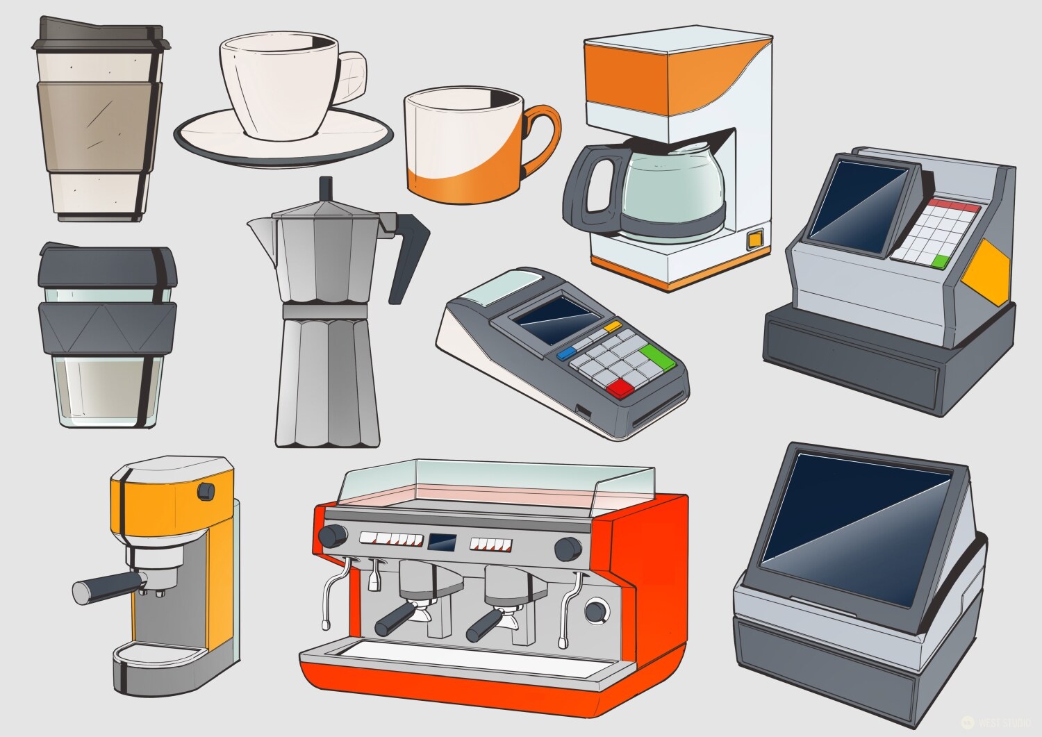 Riot Games, Riot, Valorant, Illustration, Game Development, In Game Art, West Studio, Digital Art, Map Development, Props, Coffee Machines, Coffee Cups Concepts, Valorant map Pearl