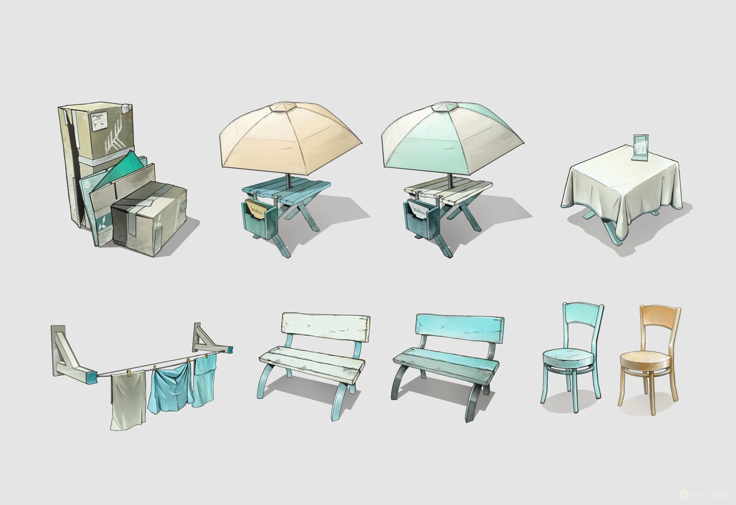 Riot Games, Riot, Valorant, Illustration, Game Development, In Game Art, West Studio, Digital Art, Map Development, Props, Pearl, Benches, Outside Equipment, Concept Art, Beach Tables