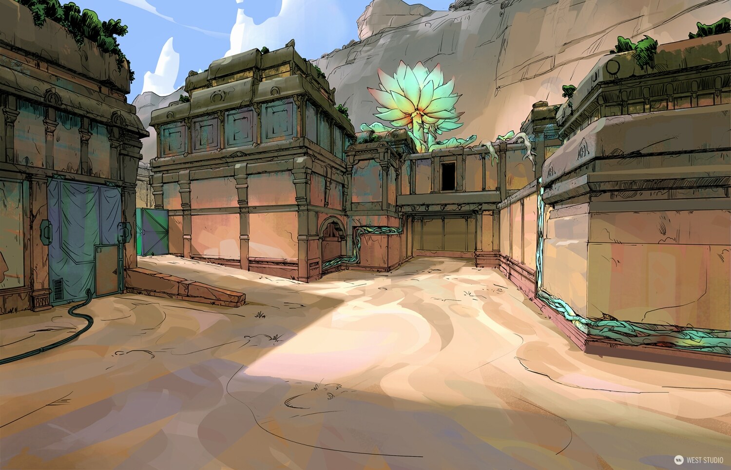 Riot Games, Riot, Valorant, Illustration, Game Development, In Game Art, West Studio, Digital Art, Map Development, Lotus, Color Sketches, Concept Art 