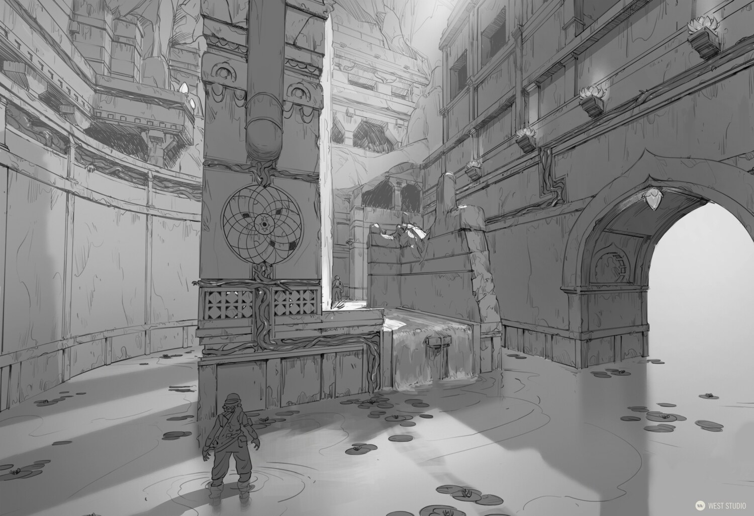Riot Games, Riot, Valorant, Illustration, Game Development, In Game Art, West Studio, Digital Art, Map Development, Lotus, Temple Sketch, Sketch 