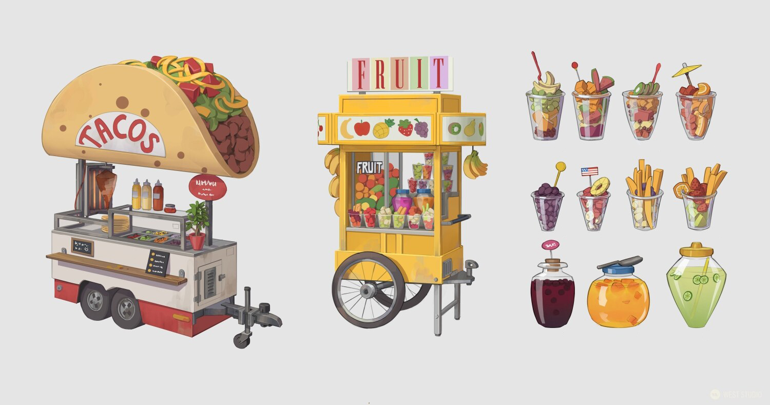 Riot Games, Riot, Valorant, Illustration, Game Development, In Game Art, West Studio, Digital Art, Map Development, Sunset, Taco Truck Concept, Food Truck Concept Art, Food Cart Concept Art, Food Concept Art 