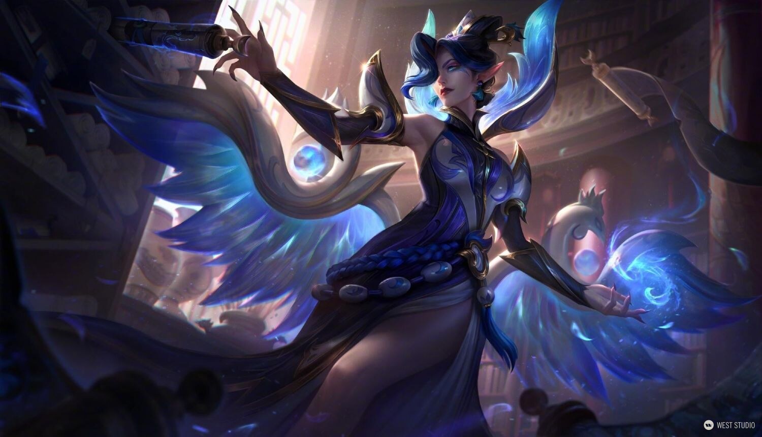 Riot Games, Riot, Illustration, West Studio, League of Legends, Porcelain inspired character illustration, female character in middle of the illustration with blue majestic set of wings behind, Porcelain Morgana