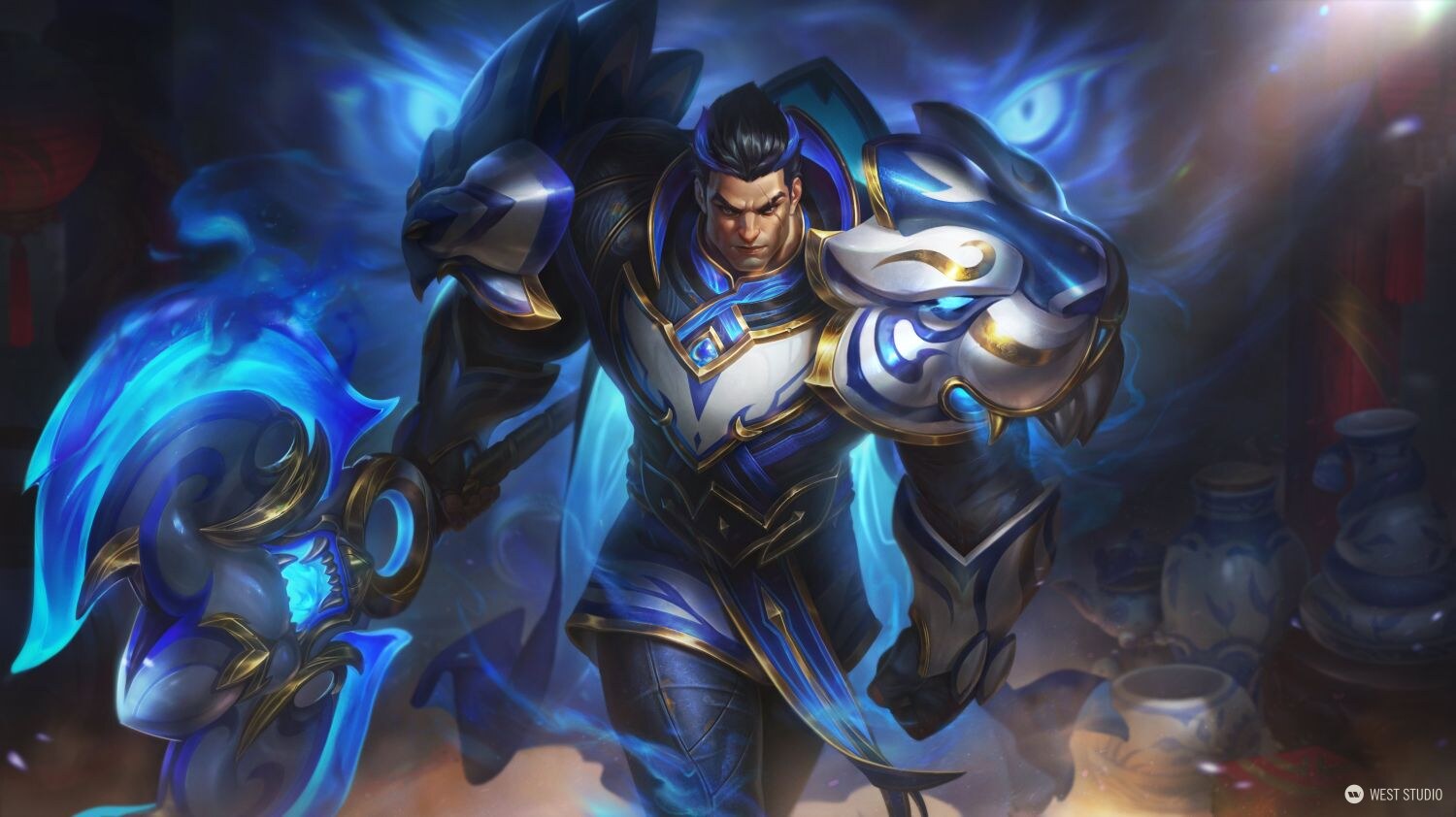 Riot Games, Riot, Illustration, West Studio, League of Legends, Porcelain inspired character and weapon illustration, tiger-like armor pads on shoulders, Porcelain Darius