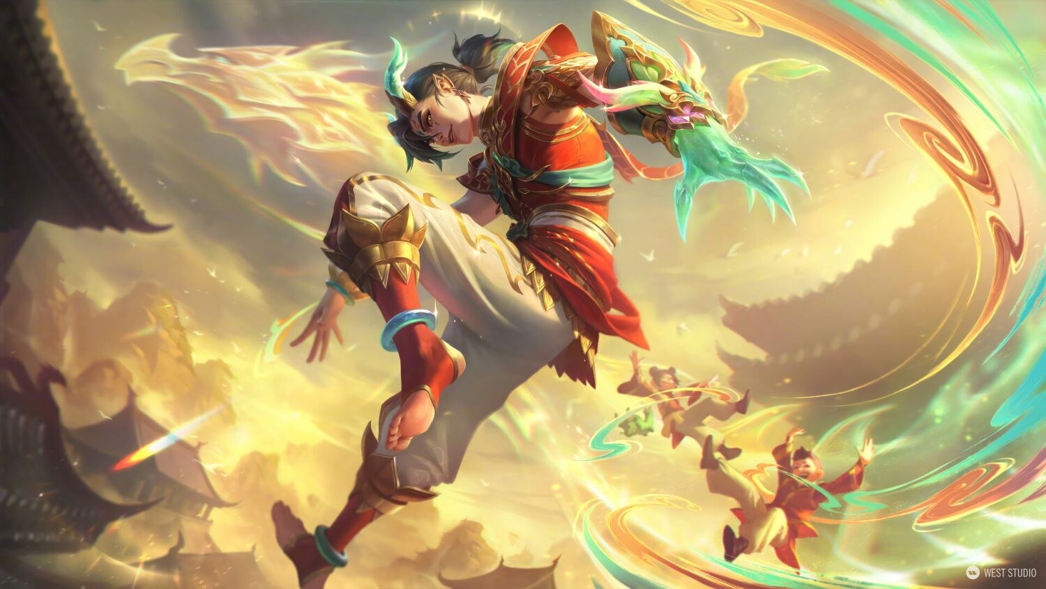 Riot Games, Riot, Illustration, West Studio, League of Legends, Chinese dragon inspired character illustration, make character leaping through air with jade horns and a jade dragon claw weapon as one of the hands, Heavenscale Ezreal 