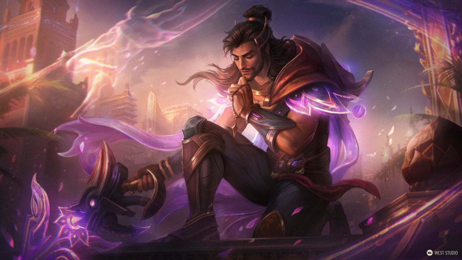 Riot Games, Riot, Illustration, West Studio, League of Legends, three honors akshan, illustration of male character kneeling down on one knee with a purple glowing weapon in right hand