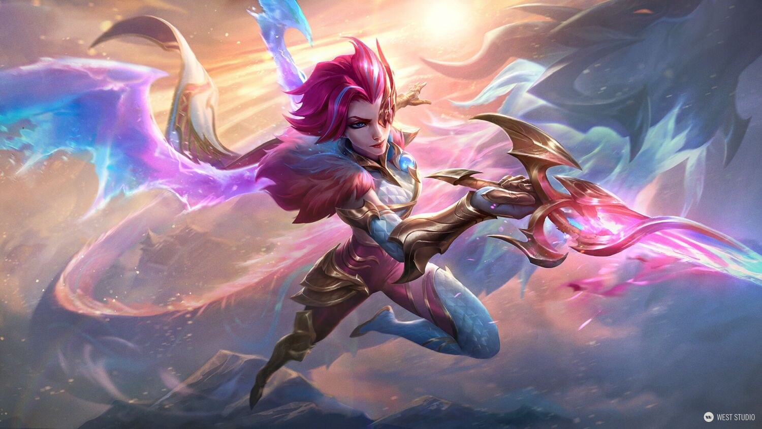 Riot Games, Riot, Illustration, West Studio, League of Legends, dragon inspired illustration of a female character leaping through the sky with a dragon following beside her, character processed glowing purple/blue wings along with a glowing pink/blue fencing sword weapon, dragonmancer fiora 