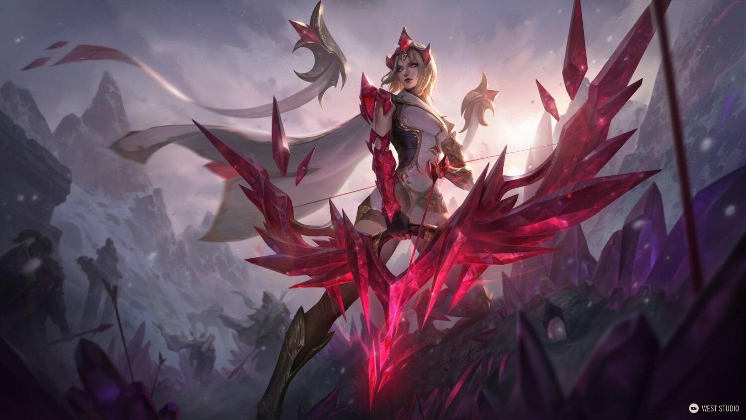 Riot Games, Riot, Illustration, West Studio, League of Legends, caped female character illustration, character is in center of piece with a large red crystal bow, crystalis motus ashe 