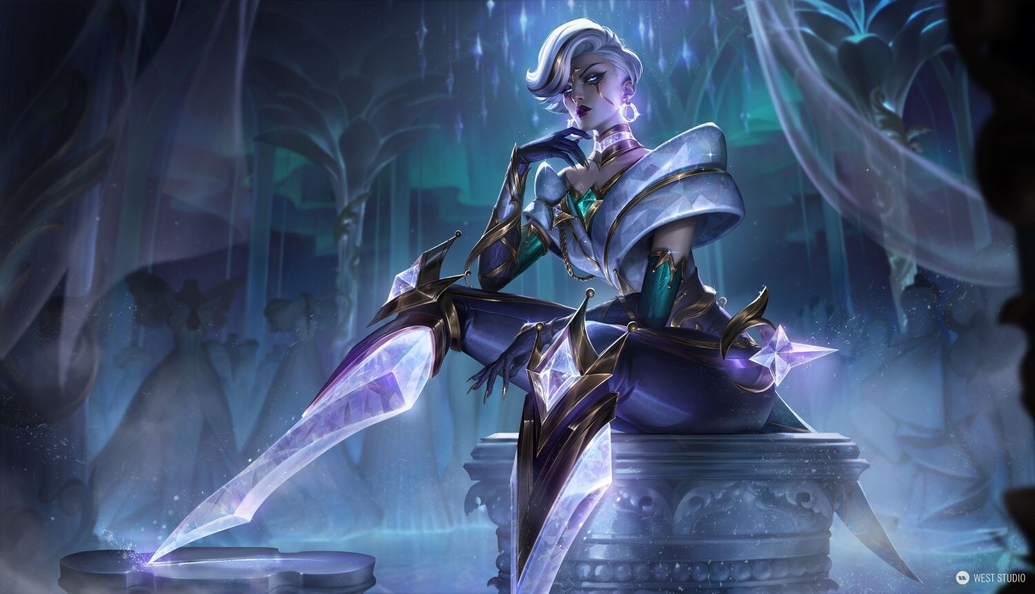 Riot Games, Riot, Illustration, West Studio, League of Legends, winter themed character illustration, female character sitting down in high fashion clothing with crystal sword like legs, prestige winterblessed camille