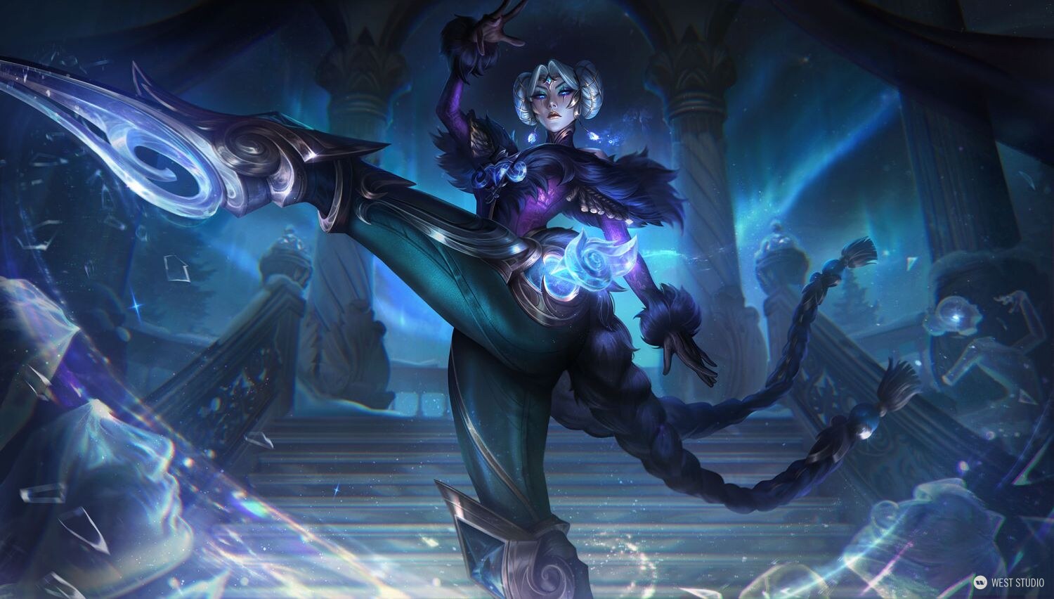 Riot Games, Riot, Illustration, West Studio, League of Legends, winter themed character illustration, female character in center kicking up one of her legs in a fighting stance with long braids and sword like legs, winterblessed camille