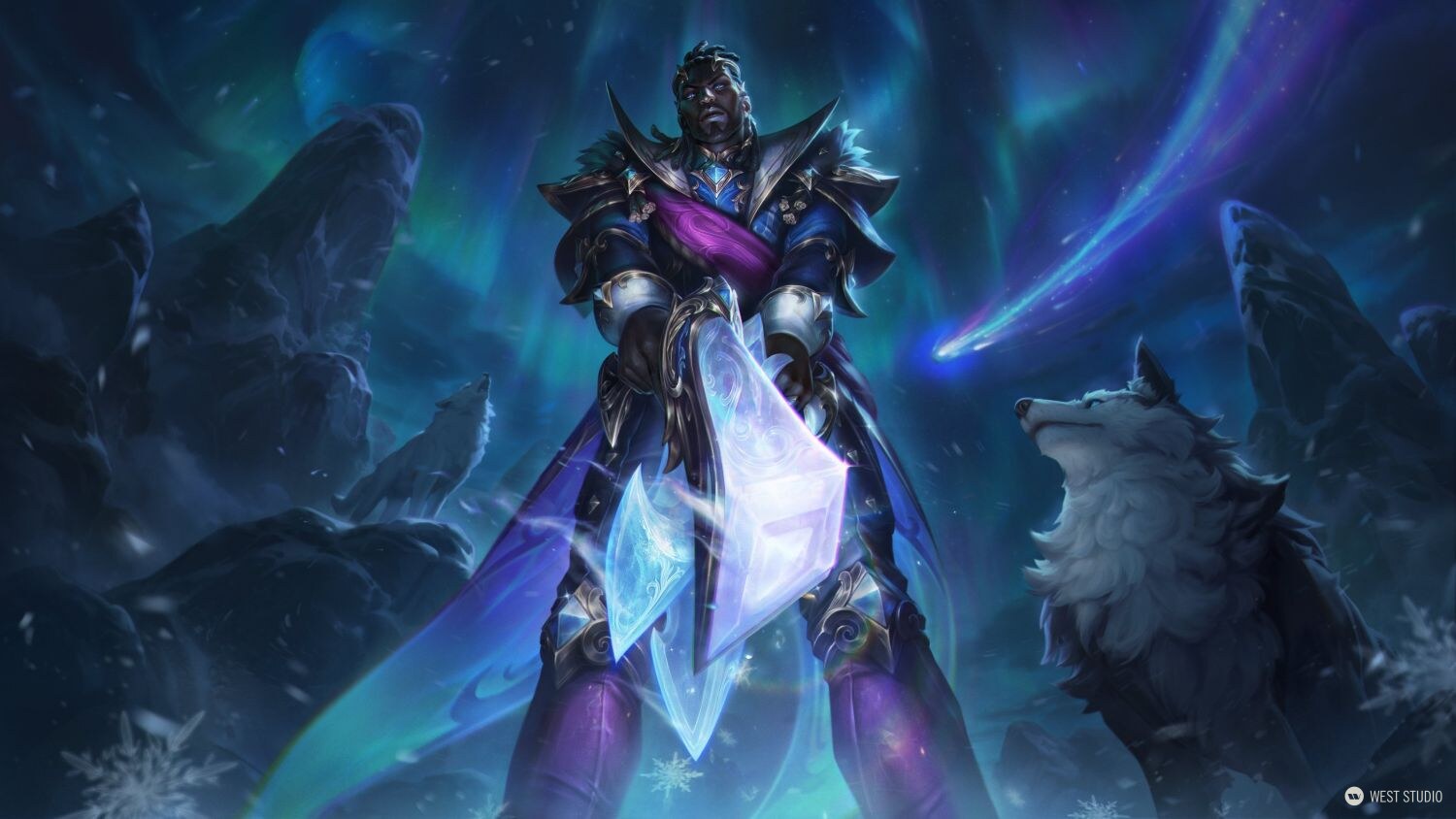 Riot Games, Riot, Illustration, West Studio, League of Legends, winter themed character illustration, male character standing in center of piece with a crystal gun pointing down at viewer, northern lights above and a wolf by his side, winterblesed lucian