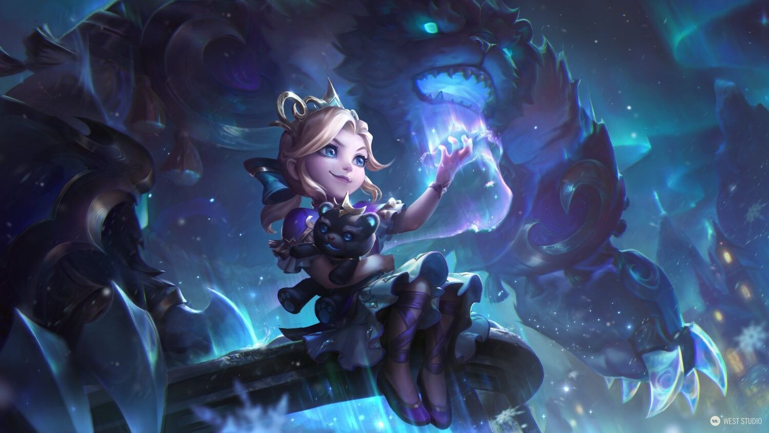 Riot Games, Riot, Illustration, West Studio, League of Legends, winter themed character and creature illustration, girl sitting down in center with a teddy bear in hand, large bear familiar standing behind her with glowing blue eyes, winterblessed annie 