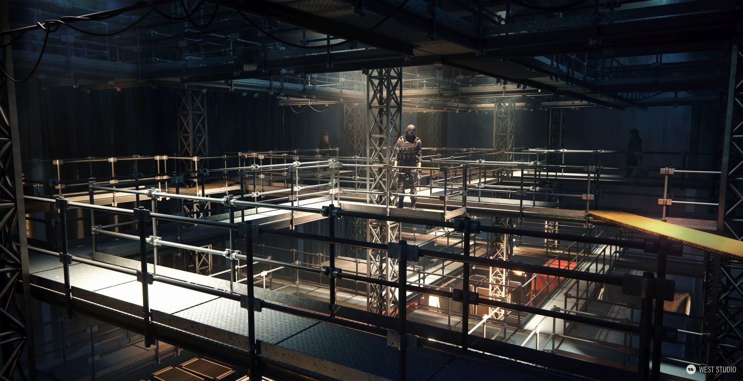 Big Red Button, environment concept art, industrial room filled with metal framing and walkways above a open showroom, security scattered throughout the walkways looking downwards, dark and mood filled lighting 
