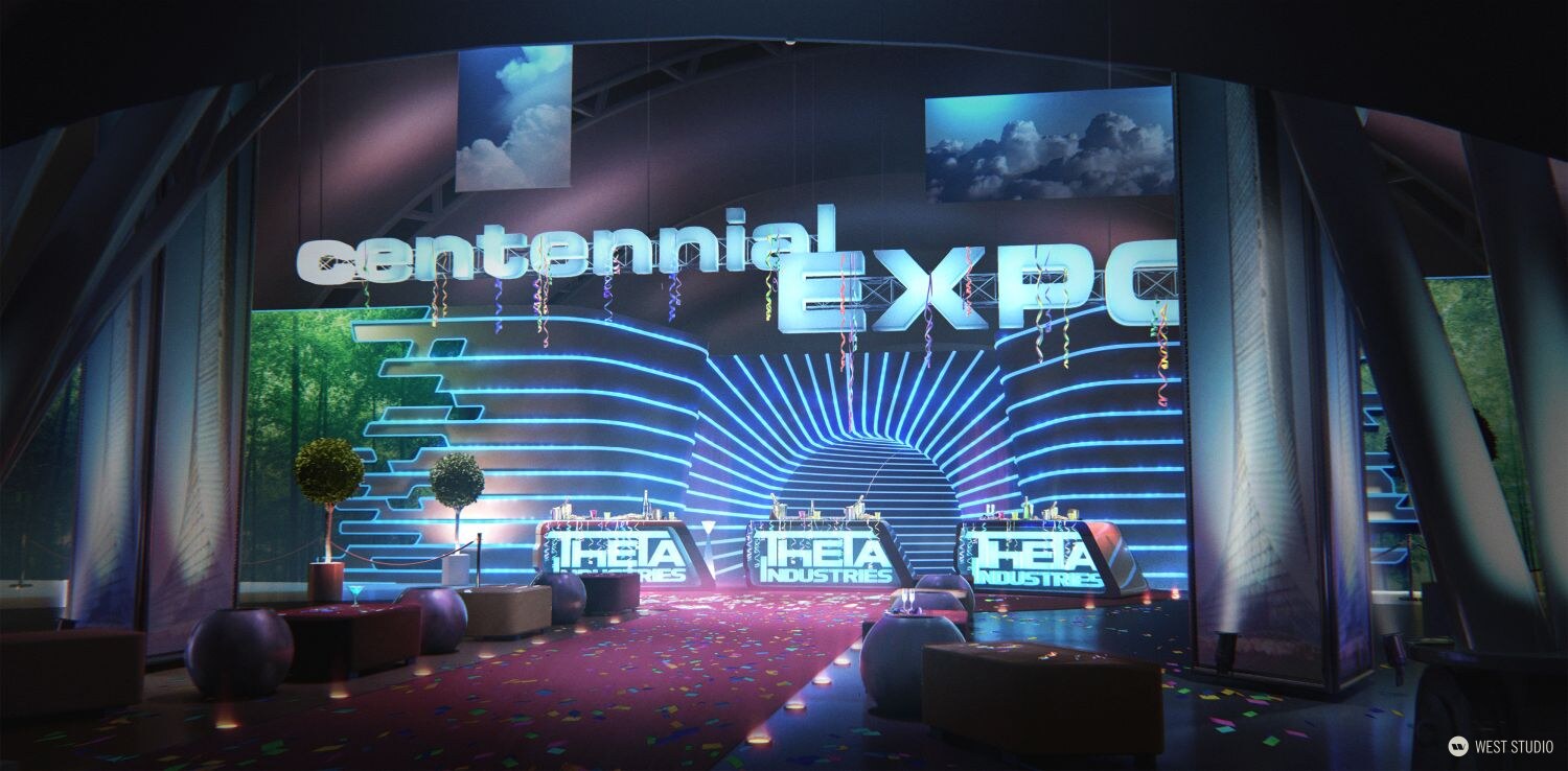 Big Red Button, environment concept art, red carpeted entrance to an exposition, led screen and entrance with expo name on top in large led lettering, confetti scattered throughout the red carpet and floor