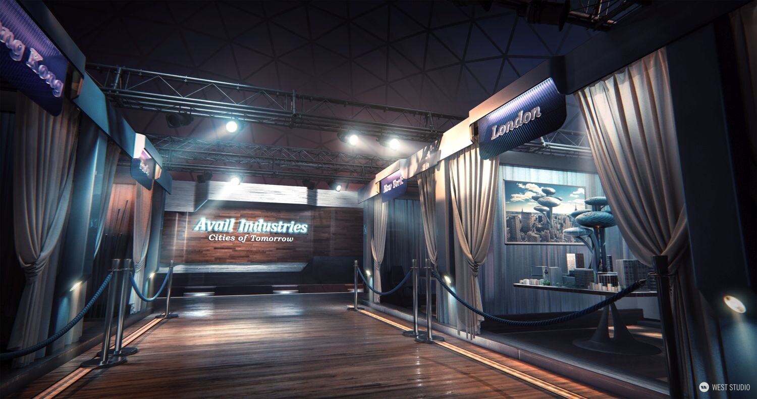 Big Red Button, environment concept art, show rooms in exposition filled with architectural showcases of different world cities