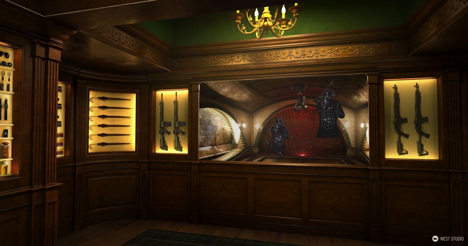Big Red Button, environment concept art, old school 20s style house room with green ceiling and wooden walls containing glass showcases with weapons and many other gadgets to be used for missions, middle of room contains and opening to a firing range
