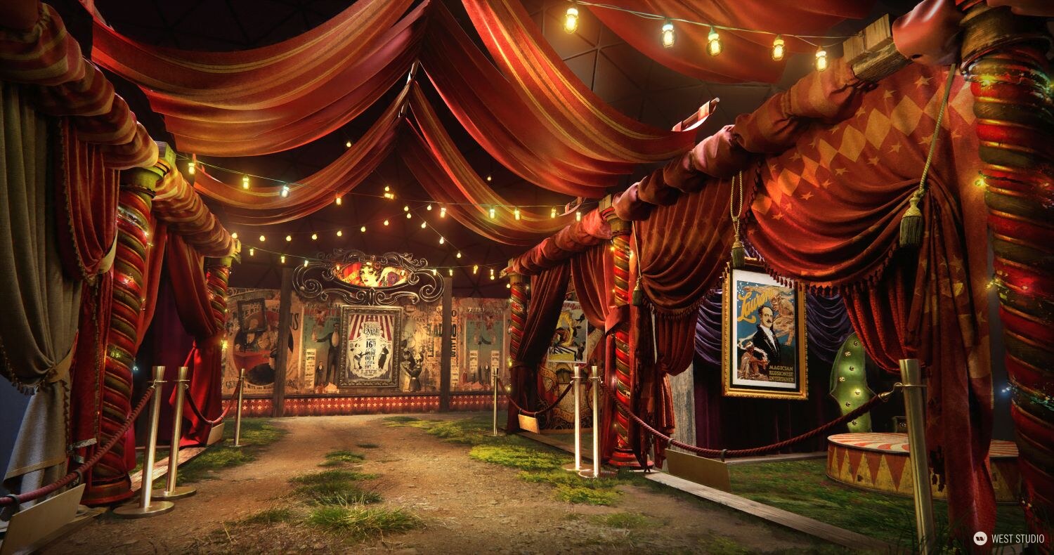 Big Red Button, environment concept art, circus style covered tent with many different rooms and showcases of different things such as paintings, carnival style rooms