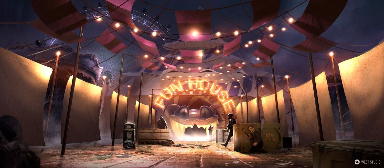 Big Red Button, environment concept art, pathway leading to a opening in a tent, the opening is made of a large shape on a snake head with the mouth as an entrance