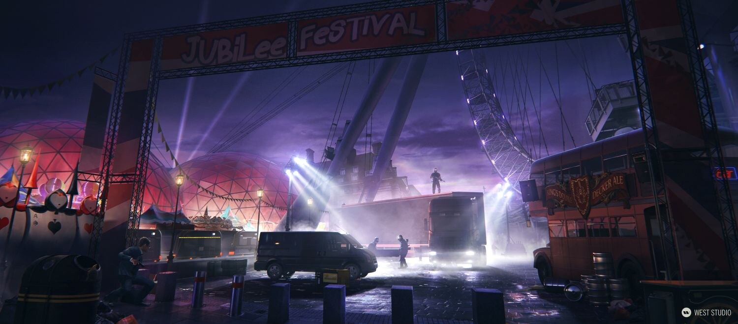 Big Red Button, environment concept art, side entrance to the carnival containing food trucks and tents, primary focus is on vehicles and security trucks which are standing to the side of the carnival 