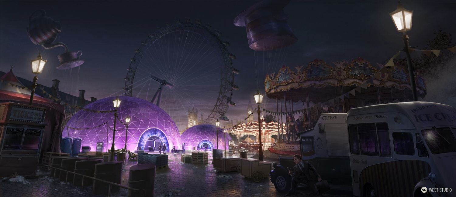 Big Red Button, environment concept art, two lit up dome like purple tents in the middle of a powered off amusement park carnival, night scene