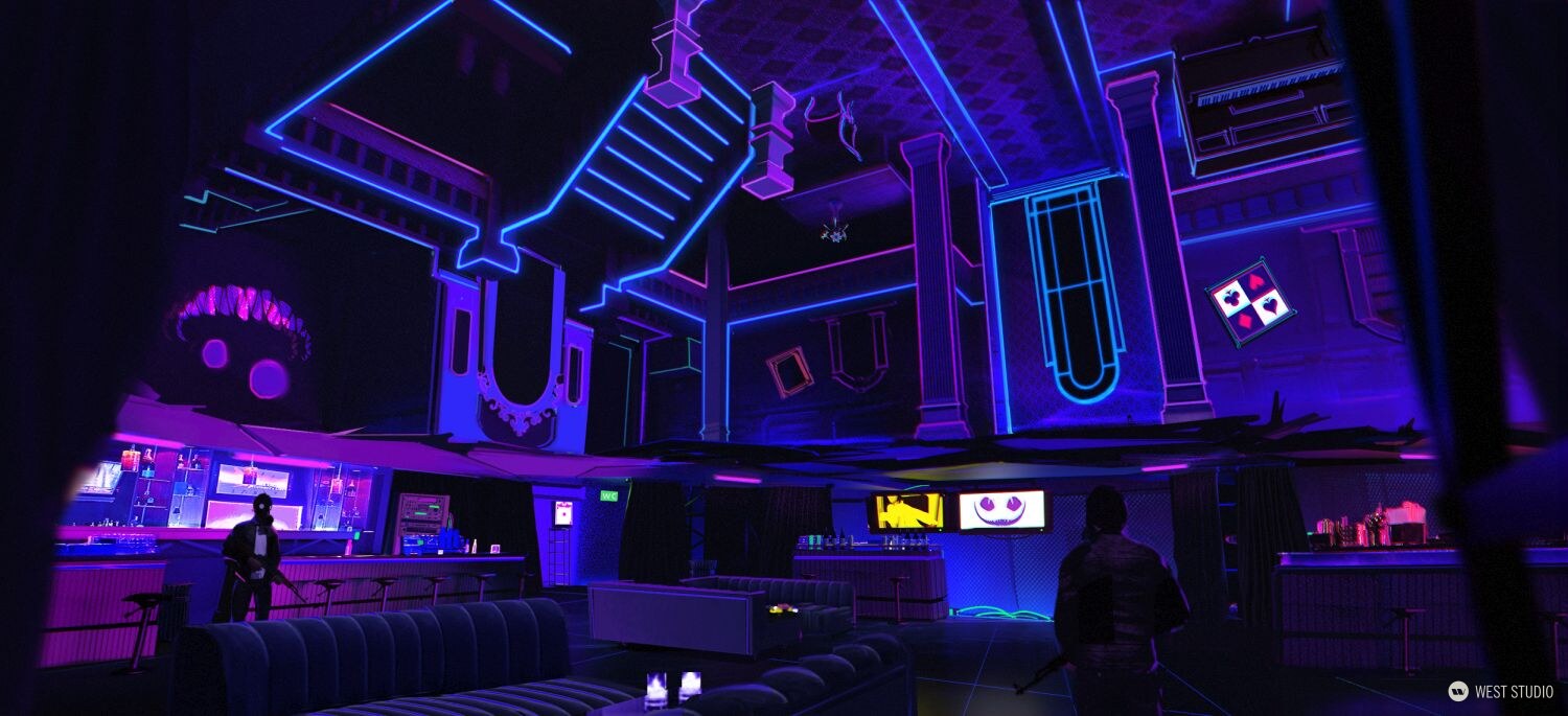 Big Red Button, environment concept art, environment piece of an inside of a club, red and neon blue/purple filled room containing security scattered around 