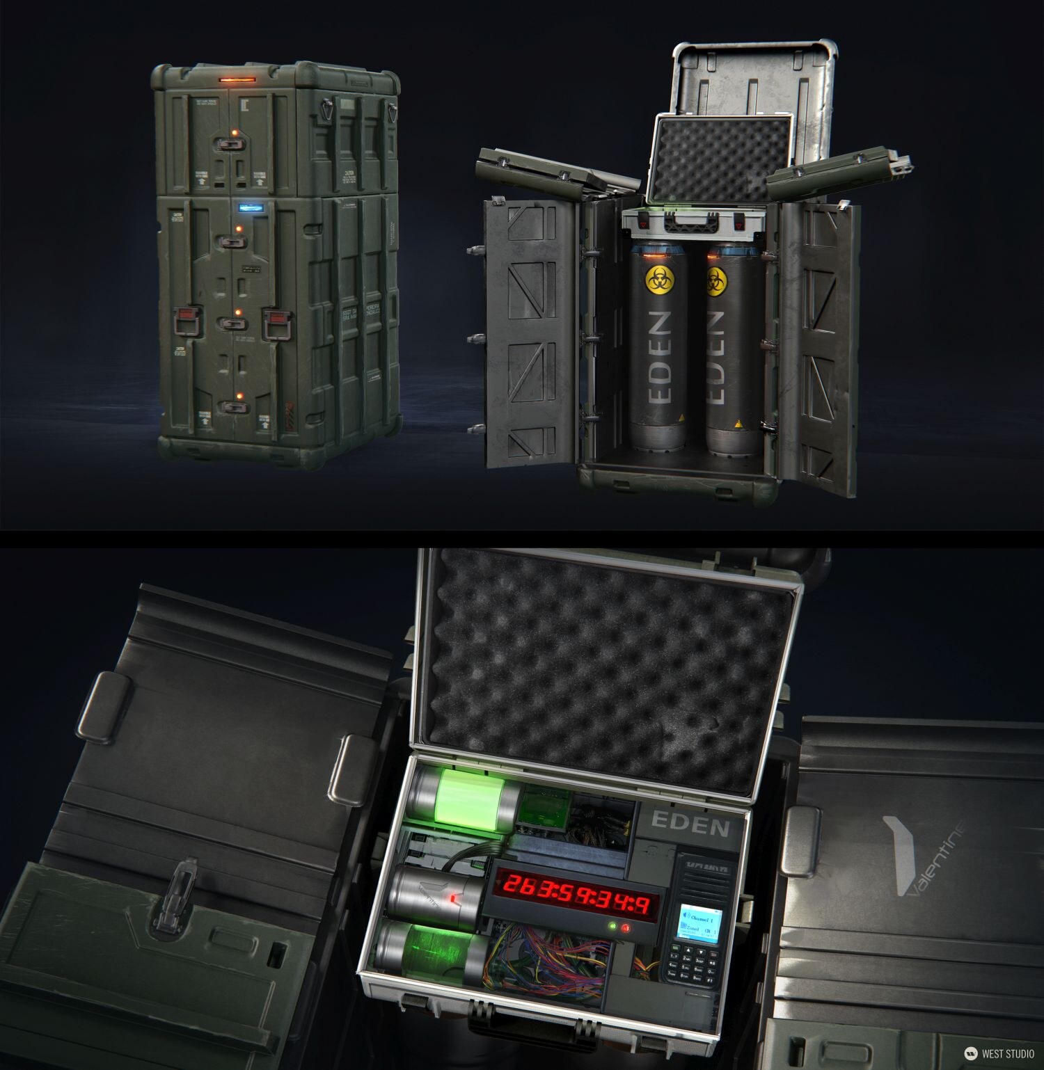 full color concept art with outer and inner views of a realistic, 3D style crate prop with a bomb inside, like those seen in action and spy films