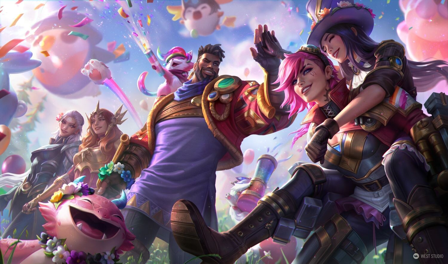league of legends champions, joyful and colorful line up of character celebrating pride 