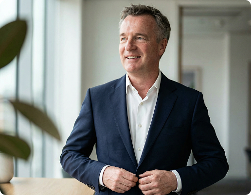 Dr. Andreas Hartung steht in einem dunklen Anzug in Büroräumen von H2A Hartung Healthcare Advisory