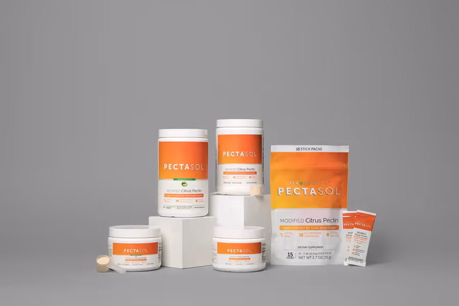 Collection of PECTASOL Modified Citrus Pectin dietary supplement containers and stick packs against a gray background.