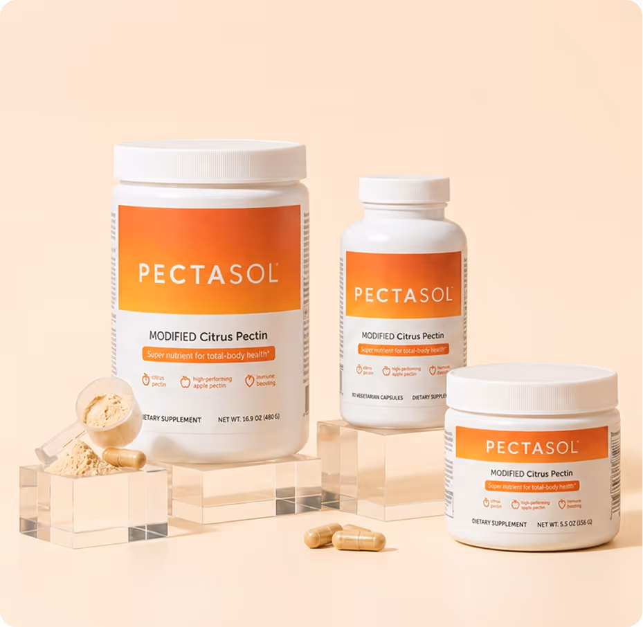 Three containers of Pectasol Modified Citrus Pectin dietary supplements with powder and capsules.