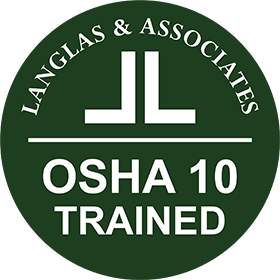 Langlas & Associates logo with OSHA 10 Trained text on dark green background.