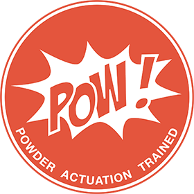 White cartoon explosion shape with the word 'POW!' inside on an orange background and the text 'POWDER ACTUATION TRAINED' curved below.