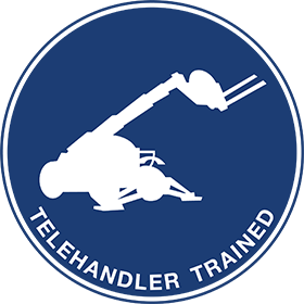 White silhouette of a telehandler forklift inside a blue circle with the text 'Telehandler Trained' curved along the bottom.