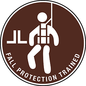 Icon of a person wearing a safety harness suspended by a rope with text 'FALL PROTECTION TRAINED' around the edge of a brown circle.