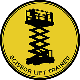 Yellow circular sign with a black scissor lift icon and text 'SCISSOR LIFT TRAINED' below.