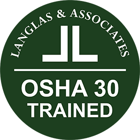 Langlas & Associates OSHA 30 Trained badge with white text and logo on dark green background.