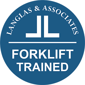 Langlas & Associates logo with text Forklift Trained on blue background.