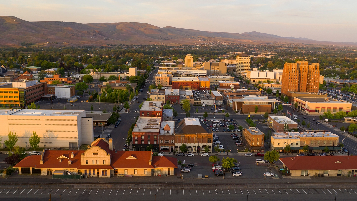 Harris Office Interiors service area Yakima Washington aerial view of downtown and surrounding neighborhoods in Central Washington