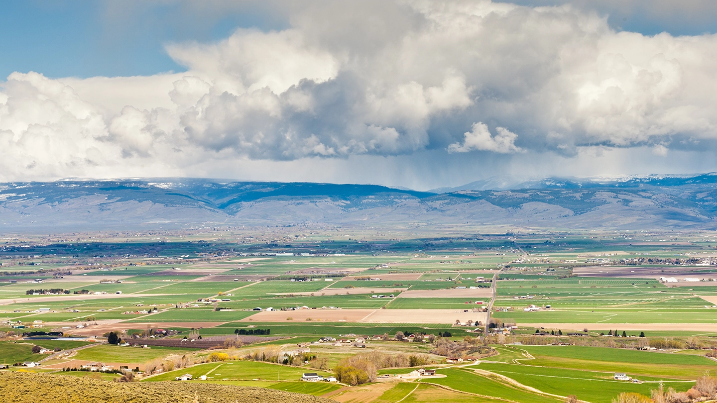 Harris Office Interiors service area Ellensburg Washington downtown view with historic buildings and surrounding valley landscape