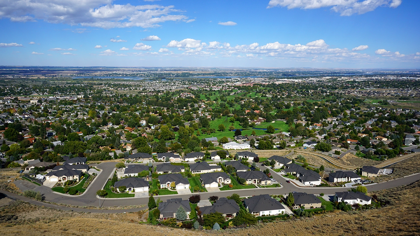 Harris Office Interiors service area Richland Washington aerial view of downtown and waterfront along the Columbia River
