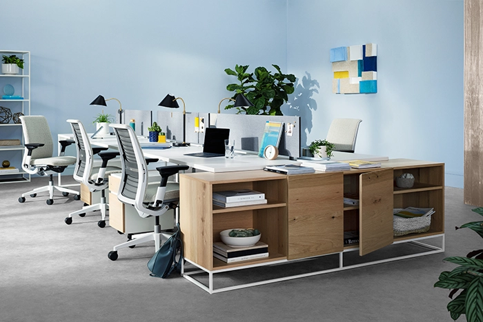 Open office benching system with shared desks, privacy screens, and ergonomic seating in a collaborative workspace