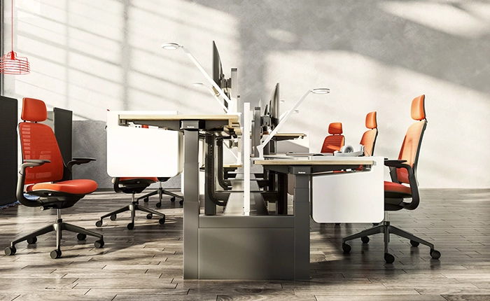 Office benching system with shared desks, ergonomic chairs, and adjustable workstations in a collaborative workspace
