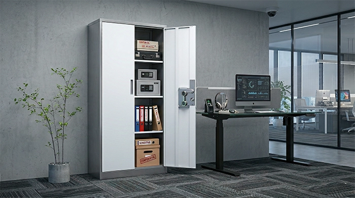 Office storage cabinet with secure locking safe, shelves, and files in a modern workspace