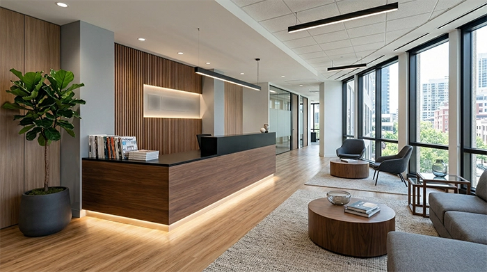 Modern office reception desk with wood finishes, lounge seating, and plants in a professional entry space