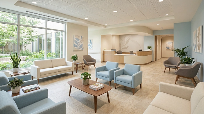 Reception waiting area with upholstered chairs, sofas, and tables in a clean, welcoming office environment